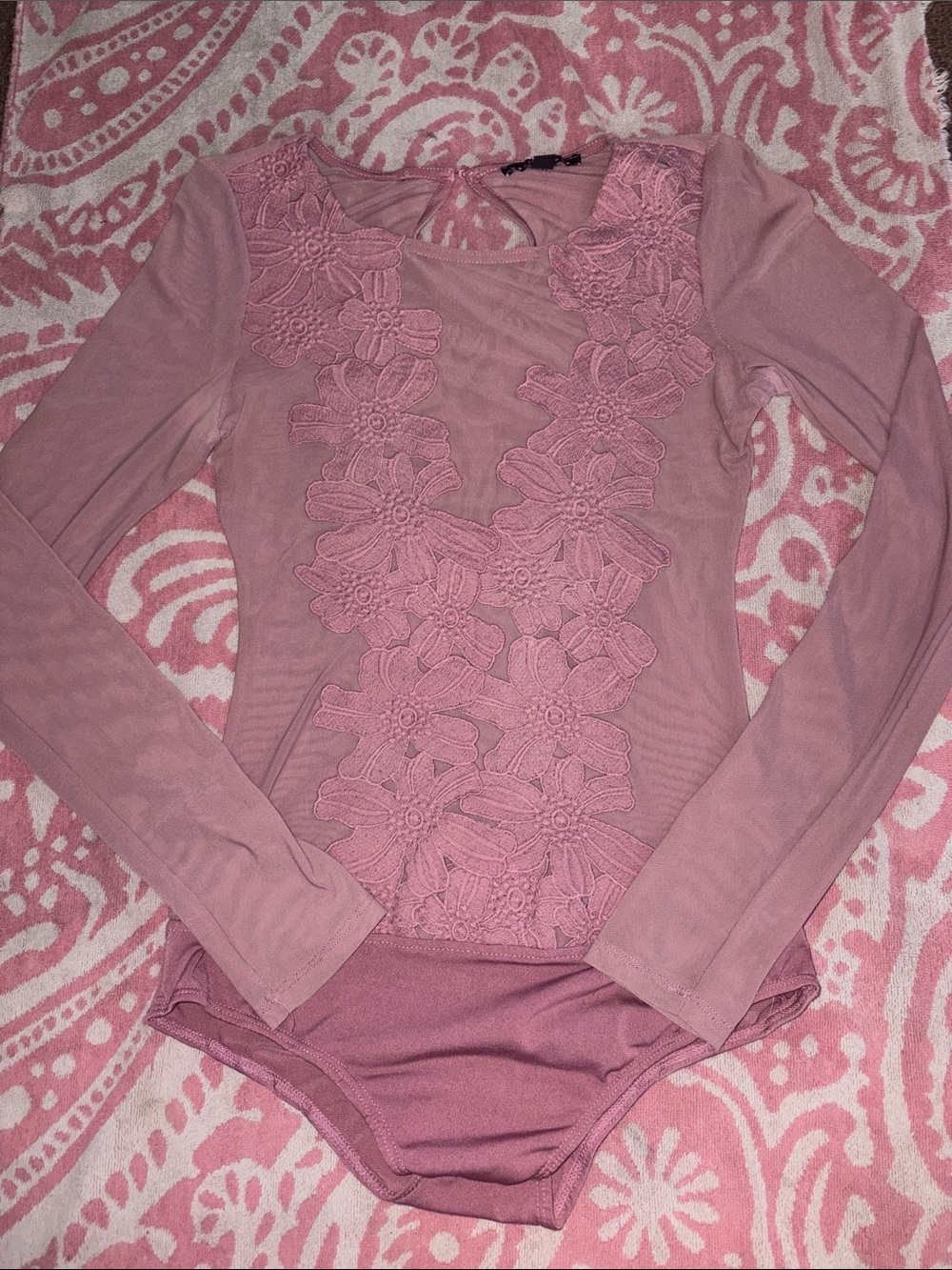 Haute Monde Dusty Rose Floral Lace Long-Sleeve Bodysuit